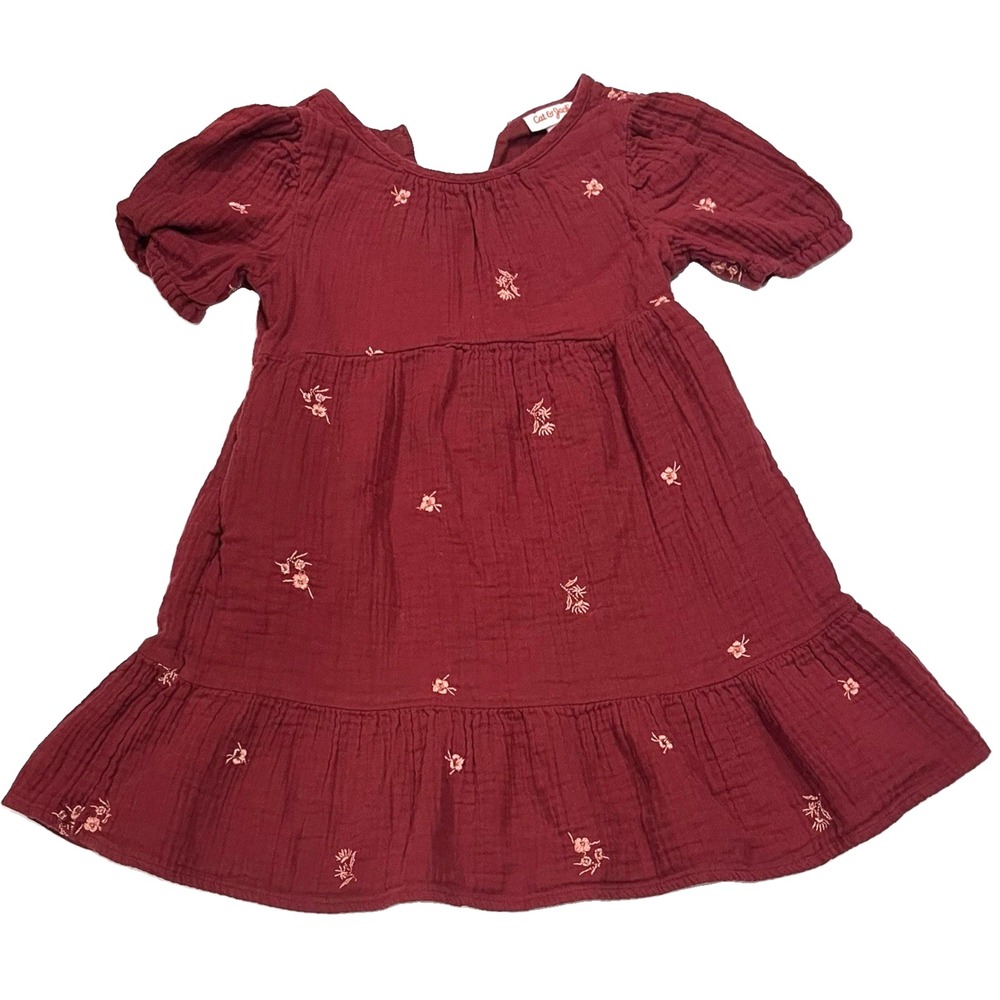 Cat & Jack Kids Dress Tiered Floral Embroidered 100% Cotton Burgundy Boho 5T